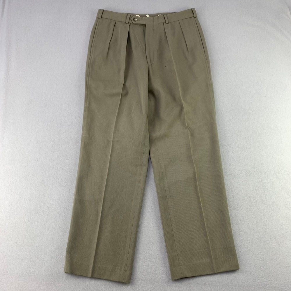 VTG Lands End Worsted Wool Dress Pants Mens 33x30 Tan Double Pleated USA